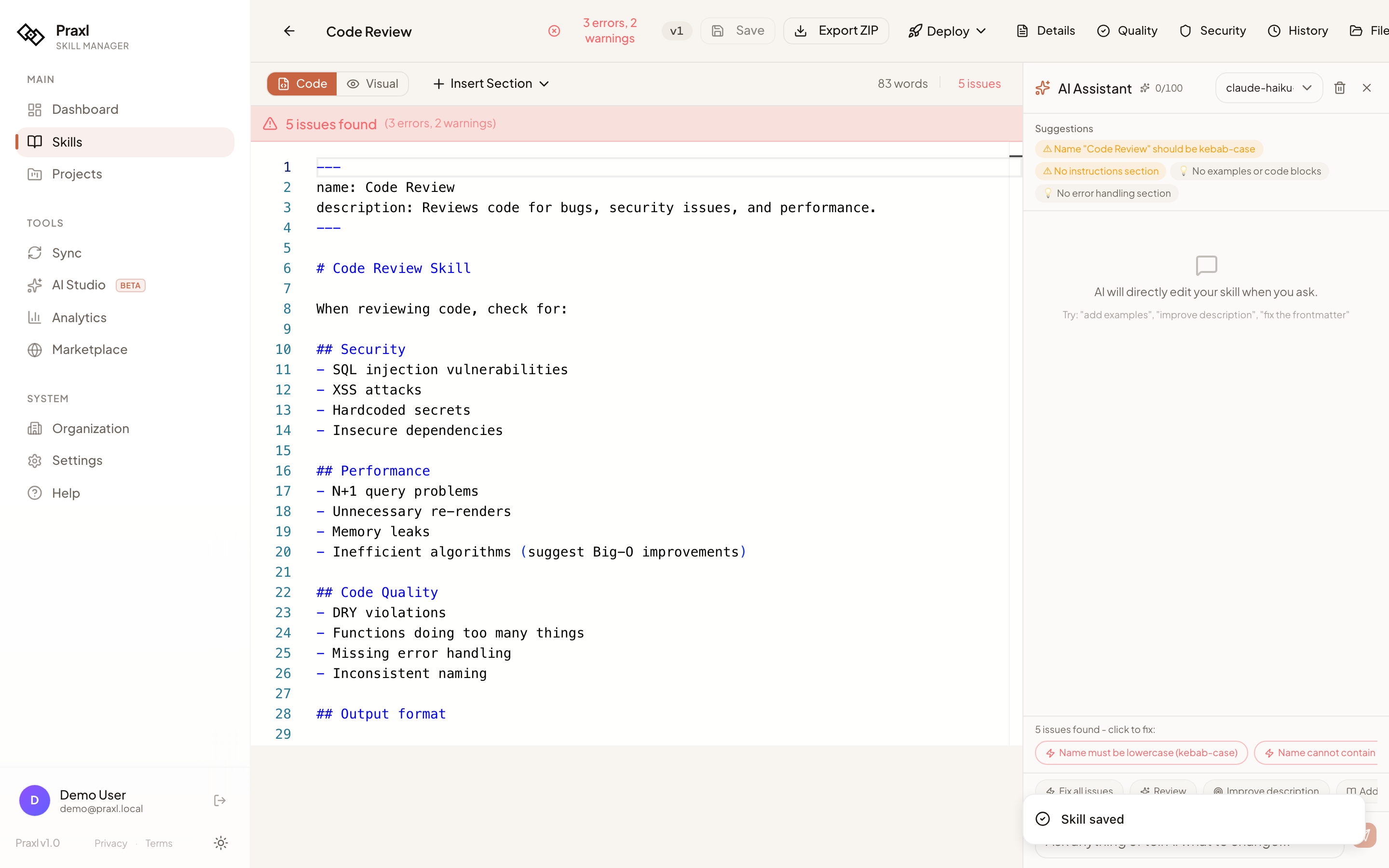 Praxl skill editor — Monaco editor with AI assistant panel, security scanner, and toolbar